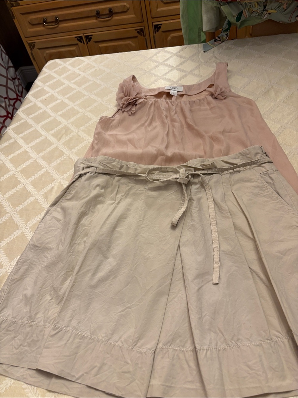 Loft pleated skirt and pink blush blouse